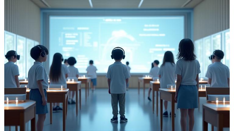 未来的な教室でAIとVR技術を活用して学ぶ学生たち