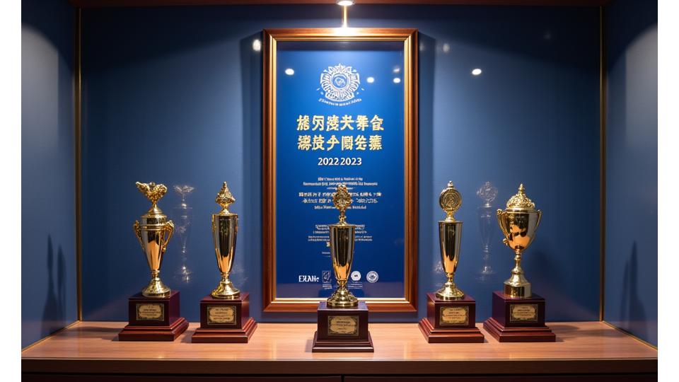 受賞したトロフィーと認定証が展示されている様子