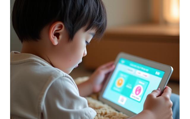 自閉症スペクトラムの生徒が、専門の学習アプリを使ってコミュニケーションスキルを向上させている様子