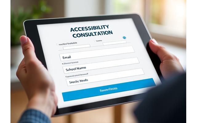 アクセシビリティ相談を予約するためのオンラインフォームがタブレットに表示されている