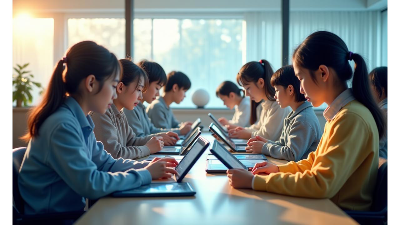 多様な背景を持つ生徒たちがタブレットやVRヘッドセットを使って楽しく学ぶ様子