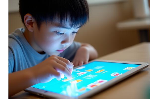 学習障がいを持つ生徒が、多感覚学習モジュール(例えば、タッチスクリーン、音声、視覚シンボルを使ったアプリ)を使って学習に取り組んでいる様子