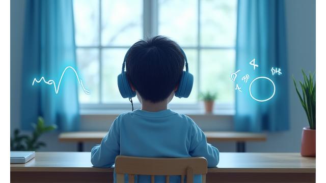 感覚調整ツールを示すアイコンと、落ち着いた表情の生徒