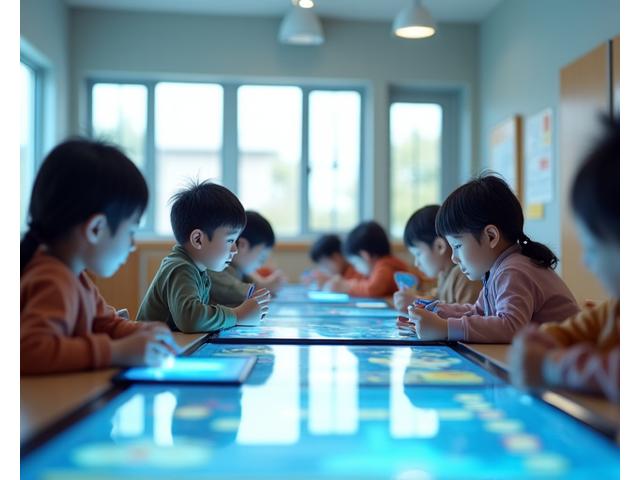 異なる能力を持つ子供たちが、それぞれの方法でタブレットやインタラクティブなスクリーンを使って学んでいる様子