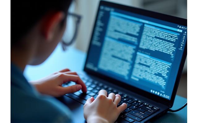 視覚障がいを持つ生徒が、点字ディスプレイと音声出力デバイスを使ってデジタルコンテンツを学習している様子