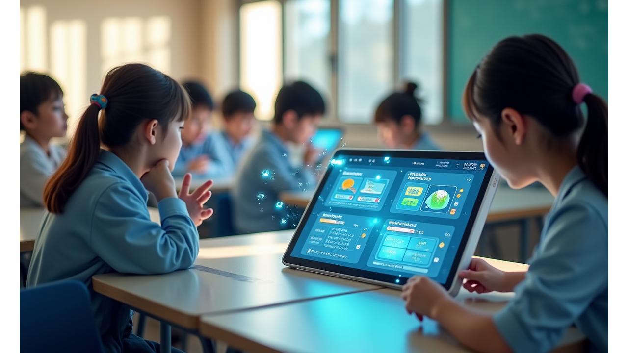 リアルタイムAI個別学習プラットフォームのデモンストレーション画面。生徒の学習進捗と適応的なコンテンツ提示を示すUI要素。
                        明るい教室の雰囲気