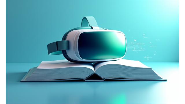 VRヘッドセットと開かれた本、教育コンテンツを示す