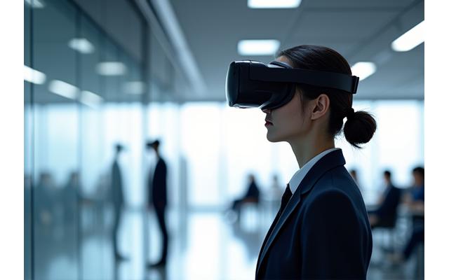 オフィス環境でVRヘッドセットを使用して企業研修を受けている大人。プロフェッショナルで未来的な雰囲気
