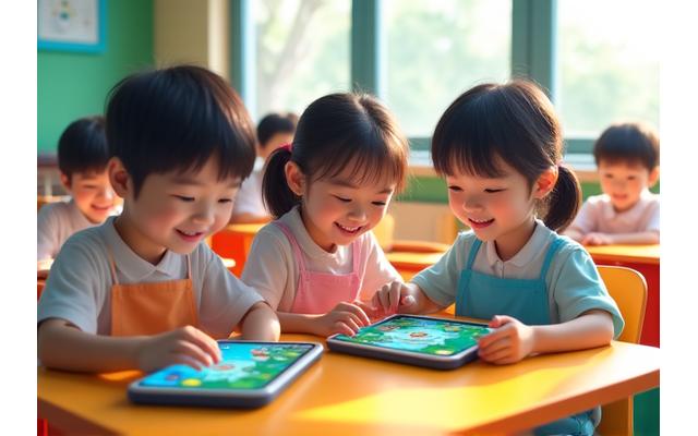 小学校の教室でタブレットを使い、楽しそうにAI学習を行う子供たち。明るく活気のある雰囲気
