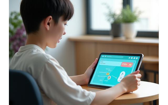 特別支援学級で、AI支援ツールが組み込まれたタブレットを使って学ぶ生徒。温かく個別化された学習環境