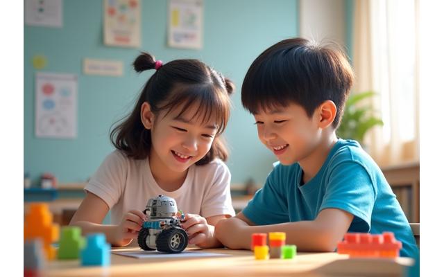 小学生の日本人の女の子と男の子が、小さなロボットを調整しながら、楽しそうに協力して作業している。背景にはカラフルな建物ブロックやコーディングの絵が描かれたホワイトボードが見える。躍動感あふれる、明るい雰囲気。