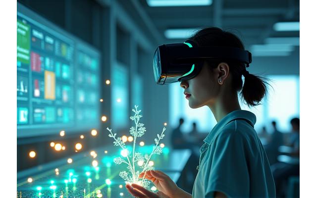教室でVRヘッドセットを装着した日本の高校生が、バーチャルプラントを設計している。生徒の周りには、ホログラフで植物のデータやグラフが表示されている。先進的で未来的な雰囲気。