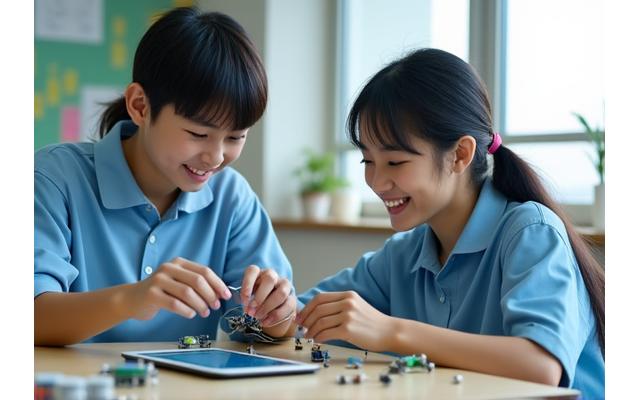 中学生の日本人生徒たちが、小さなセンサーや配線を使って環境モニタリングデバイスを組み立てている。笑顔で協力し、隣りにはデータが表示されたタブレットがある。自然光が差し込む明るい教室の雰囲気。