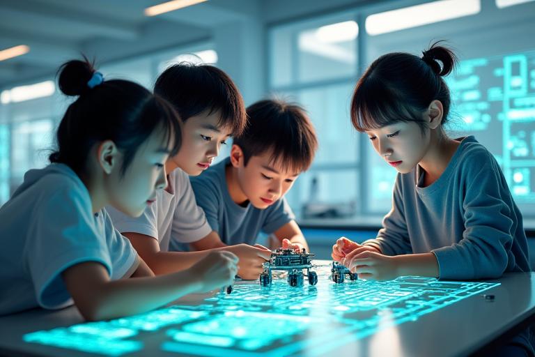 興奮した表情の日本人生徒たちが、ロボットやプログラミングボード、植物、実験器具などが散らばる最新のSTEMラボで協力して作業している。テーブルの上には青い光のホログラムが浮かび上がり、複雑なデータを示している。明るく未来的な雰囲気。