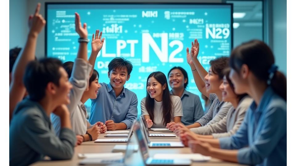 様々な国籍の笑顔の学生たちが、未来学院のロゴがある仮想のデジタル学習環境で交流している様子。彼らがそれぞれの言語学習目標を達成した喜びを表している。