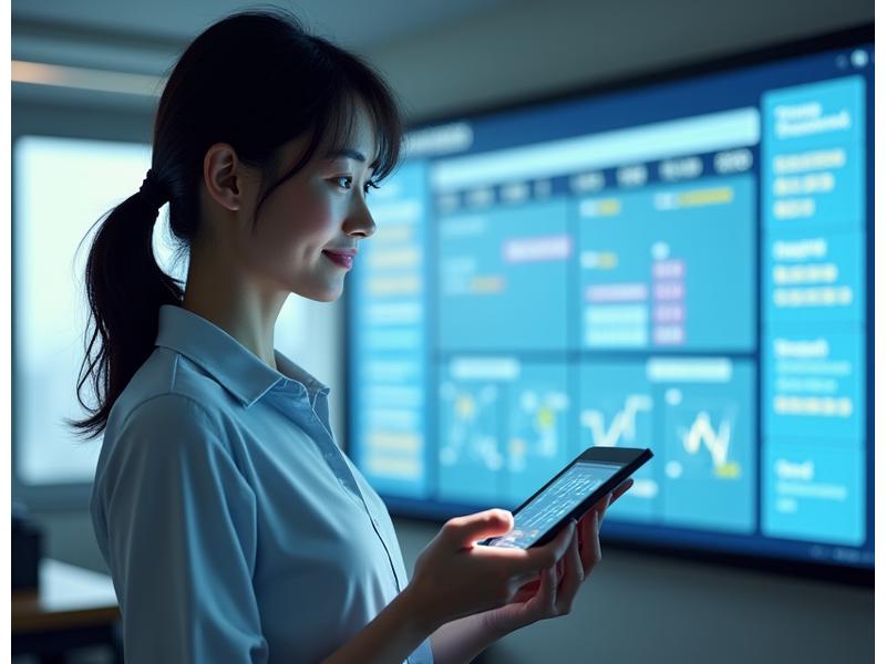 教師がタブレットを使って、生徒たちがAIライティングアシスタントで書いた日本語の課題をモニターしている様子。データ分析のグラフやフィードバックのインターフェースが見える。