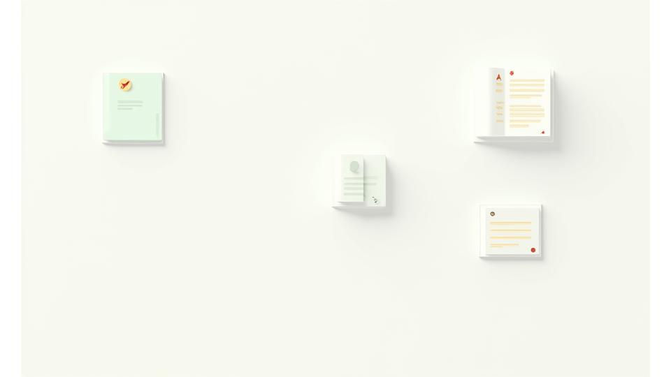 様々な種類の日本語文書（エッセイ、ビジネスメール、学術論文、短編小説）のアイコンまたはミニチュア版が、デジタルインターフェース上で整理されている様子。