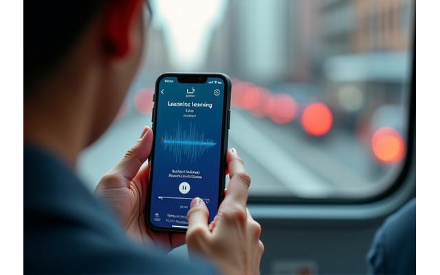 電車内でヘッドホンをつけ、スマートフォンでオーディオ学習をしている人の手元。都市の背景がぼやけている。