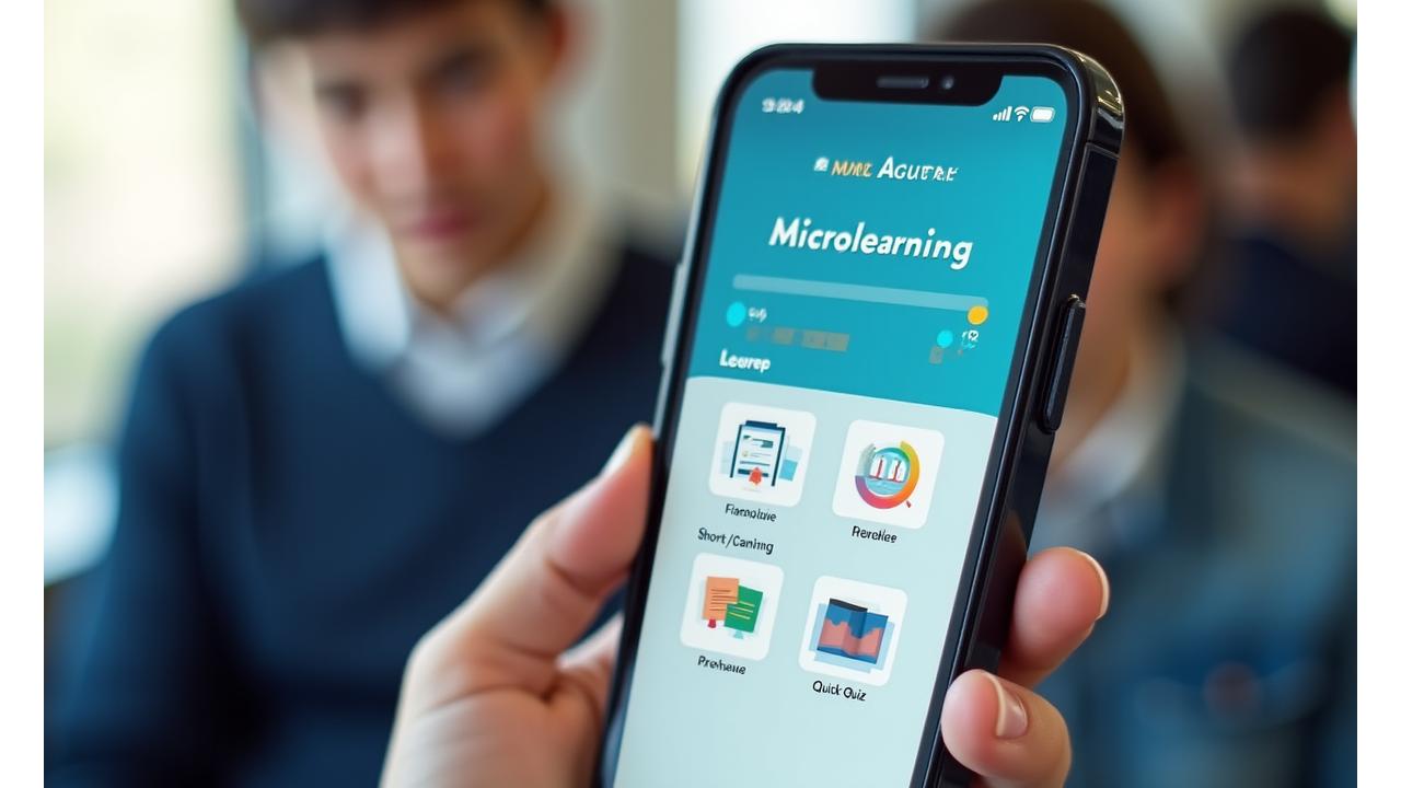 忙しい学習者のためのマイクロラーニングアプリのインターフェース。進捗バーと短時間の学習モジュールが表示されている。