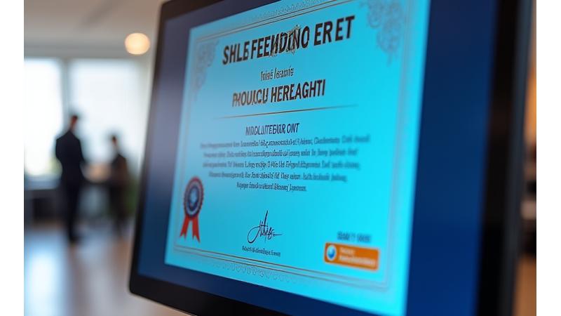 プロフェッショナルスキルモジュールの修了証書がデジタルディスプレイに表示されており、学びの成果を可視化している。