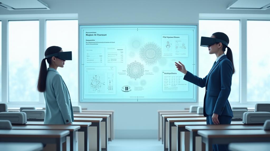 教師と生徒がVRヘッドセットを装着し、デジタル学習環境で倫理的なAI利用について議論している様子。