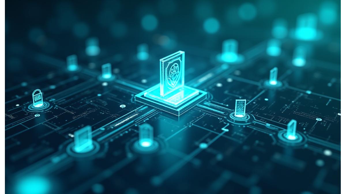 データの流れと保護対策を図で示した抽象的なユーザーインターフェース。暗号化、ファイアウォール、プライバシー設定のアイコンが視覚的に表現されている。