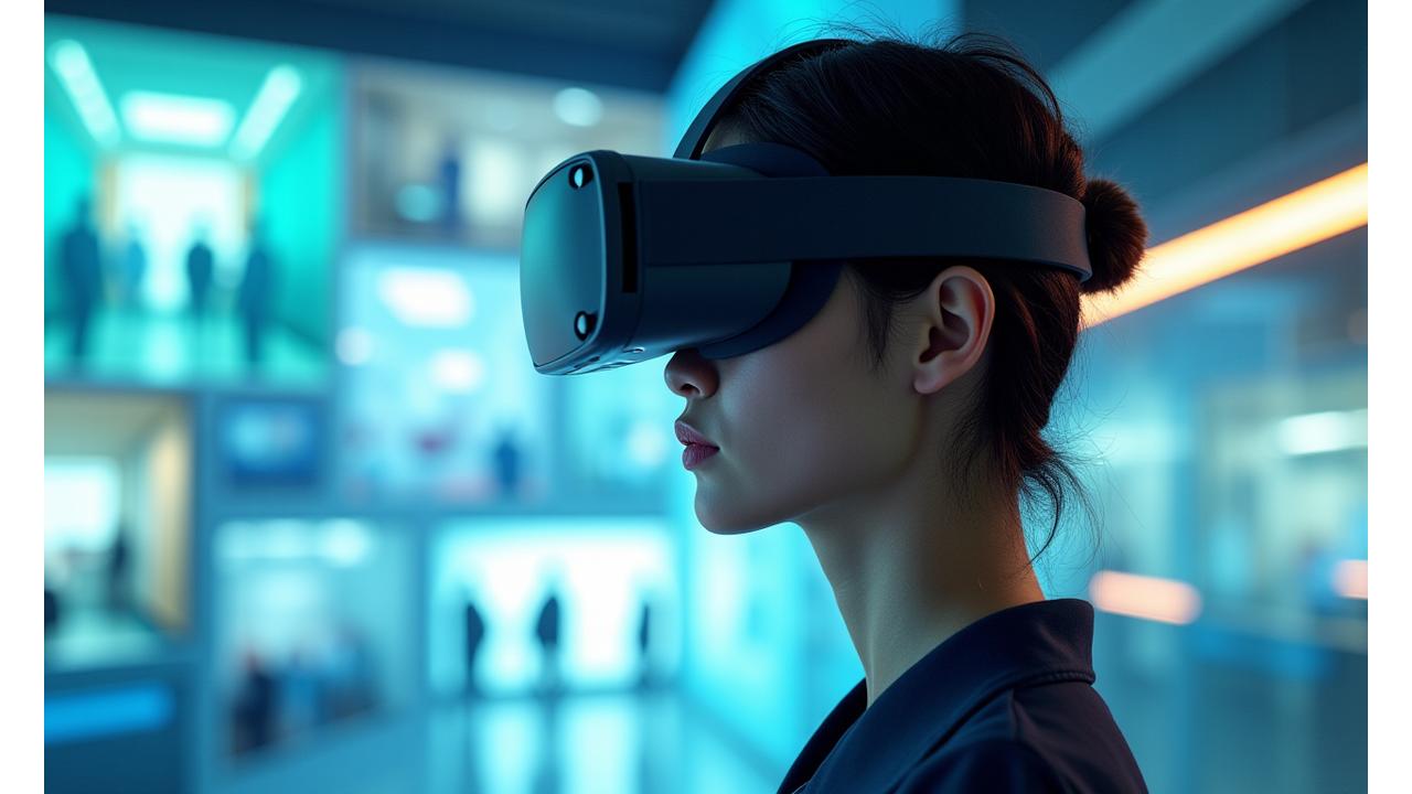 VRヘッドセットを装着し、仮想現実空間で多様なキャリアパスを探索する学生のイメージ。未来的なオフィス環境や医療現場が背景に見える。