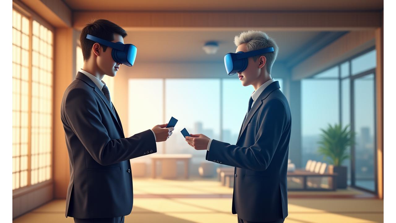 ビジネススーツを着た日本の学生が、畳の部屋とモダンなオフィスが融合したVR空間で、仮想のメンターと名刺交換を行っている様子。