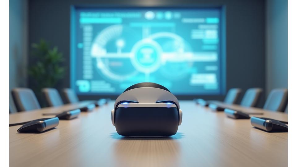VRヘッドセットとコントローラーが置かれたモダンな会議室のテーブル。背景には未来的な教育インターフェースが映し出されている。