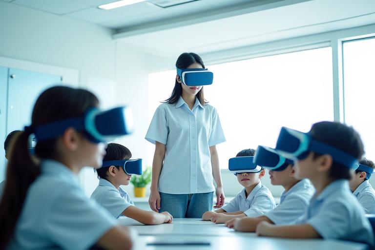 明るくモダンなVR教室のセットアップ。生徒がVRヘッドセットを装着し、教師が指導している