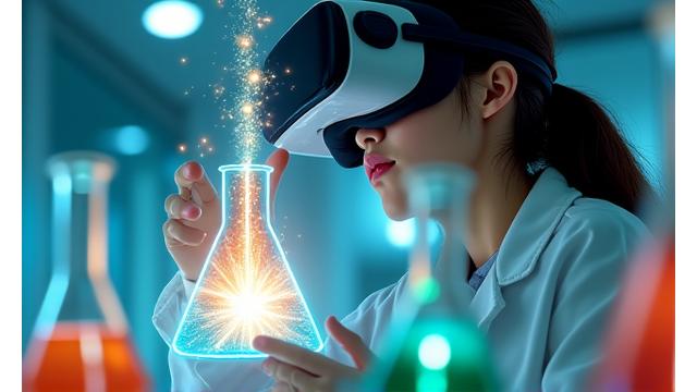 生徒がVRで化学実験を行っている様子、フラスコから煙が出ている