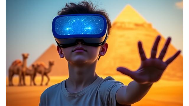 学生がVRでエジプトのピラミッドを探検している様子