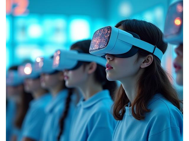 VRヘッドセットを装着して、活気に満ちた歴史的遺跡を探索する日本の生徒たち